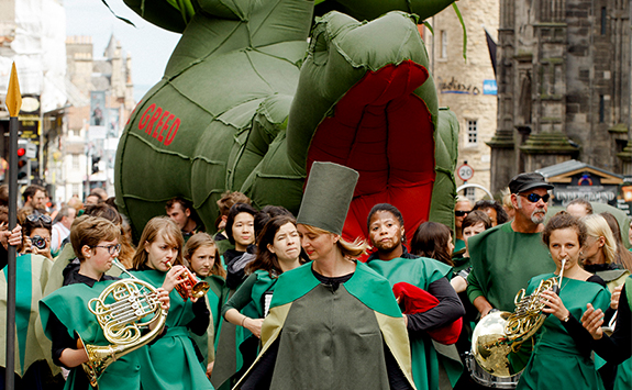 By leaves we live... not by the jingling of our coins (performance). Parade performance of The Dragon of Profit and Private Ownership, launching the Edinburgh Art Festival. 27 July 2018